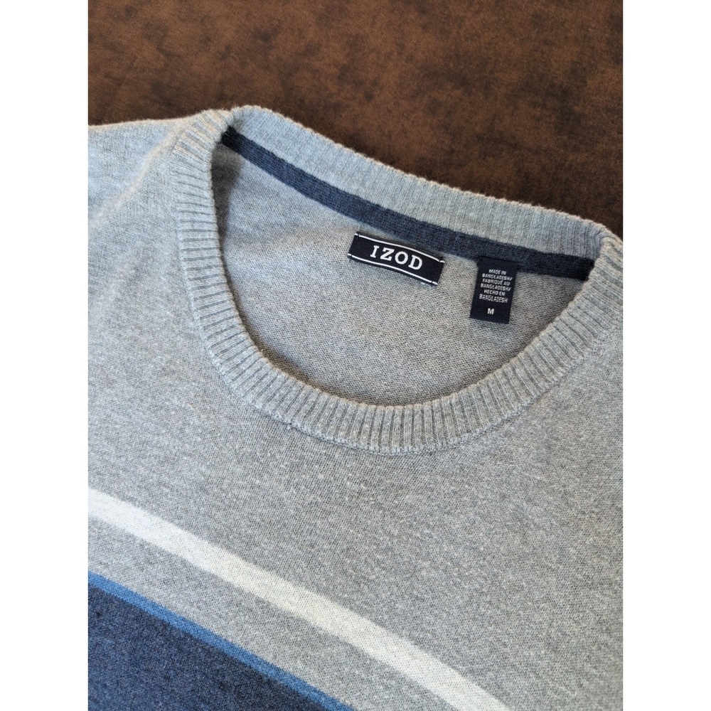 IZOD Mens Crewneck Sweater Gray Blue White Striped Knit Pullover Size M